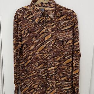 Vintage 1970s–80s Bow Brand Alexanders Abstract Swirl Polyester Shirt Size M